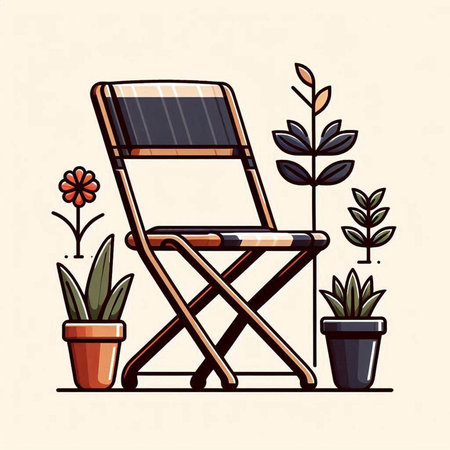 Wooden chair with plants in pots. Vector illustration in cartoon styleのイラスト素材