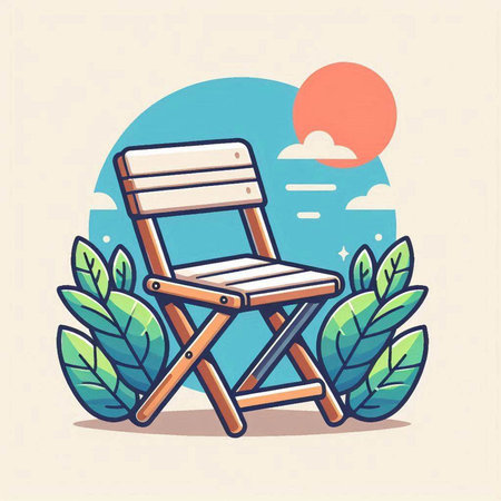 Wooden chair in the park. Vector illustration in flat style.のイラスト素材