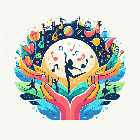 Vector illustration of a girl dancing on the background of the nature.のイラスト素材