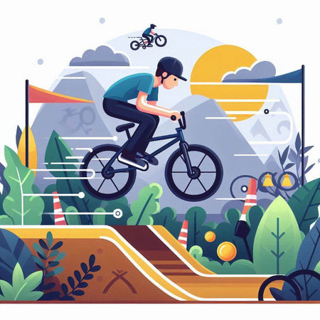 Cyclist in helmet riding a bike in the park. Flat vector illustration.のイラスト素材