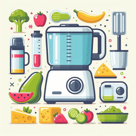 Kitchen appliances. Blender, blender, watermelon, avocado, guacamole, pepper, tomato, cucumber, broccoli, watermelon, pepper. Flat vector illustration.のイラスト素材