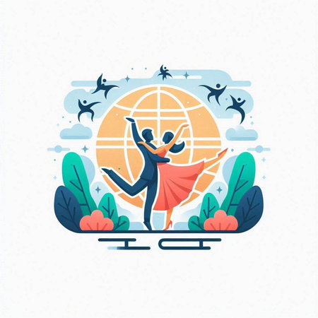 Vector illustration in flat linear style - happy couple flying around the globeのイラスト素材