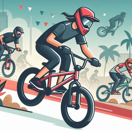 Cyclists riding on the road. Vector illustration in retro style.のイラスト素材