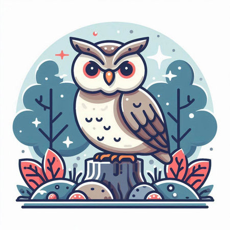 Cute owl sitting on a stump in the forest. Vector illustration.のイラスト素材