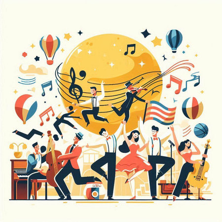 Jazz music festival flat vector illustration. Musicians and musicians performing on stage.のイラスト素材