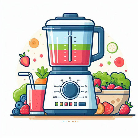 Illustration of a blender with fruits and vegetables. Vector illustration.のイラスト素材