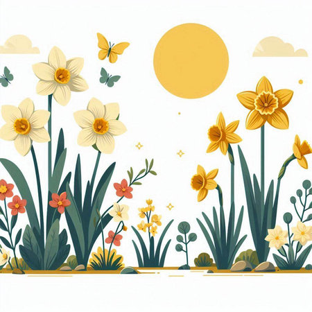 Spring background with daffodils and butterflies. Vector illustration.のイラスト素材
