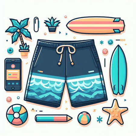 Swimming trunks, surfboard, starfish, palm tree and mobile phone. Vector illustrationのイラスト素材