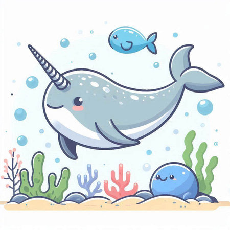 Cute narwhal in the sea. Vector cartoon illustration.のイラスト素材
