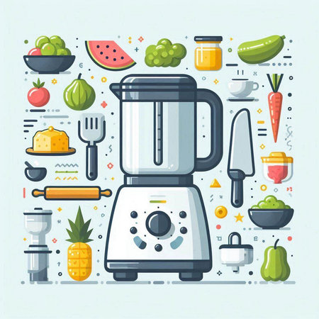 Flat design vector illustration concept of healthy food. Juicer, blender, fruit, vegetables, watermelon, carrot, eggplant, broccoli, pepper, tomato, cucumber, celery, carrot.のイラスト素材