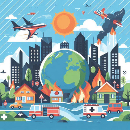 Flat design vector illustration concept of fire in city with fire truck, ambulance, ambulance, ambulance, helicopter, house and globe.のイラスト素材