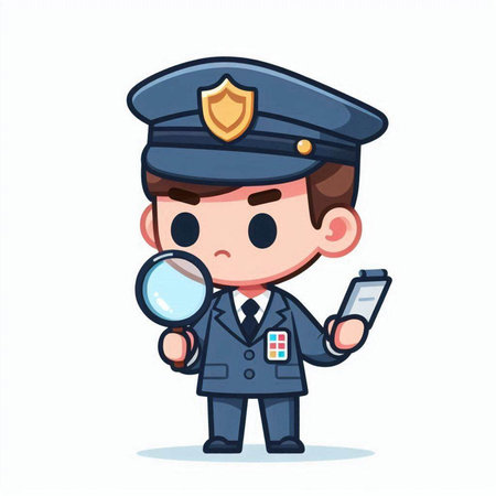 Police officer holding magnifying glass and smartphone. Vector cartoon character illustration.のイラスト素材