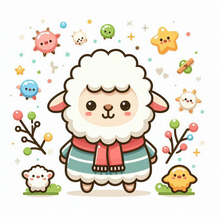 Cute sheep with different cute animals on white background. Vector illustration.のイラスト素材