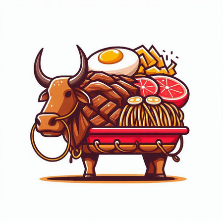 Vector illustration of a stylized image of a buffalo with a fried egg.のイラスト素材