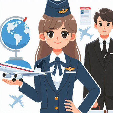Airplane pilot and stewardess. Vector illustration in cartoon style.のイラスト素材