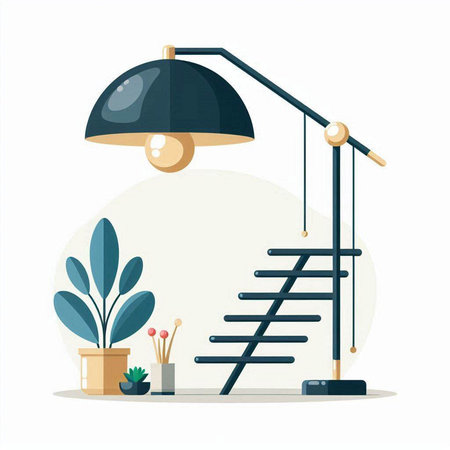 Home interior with floor lamp, plant and ladder. Flat style vector illustration.のイラスト素材