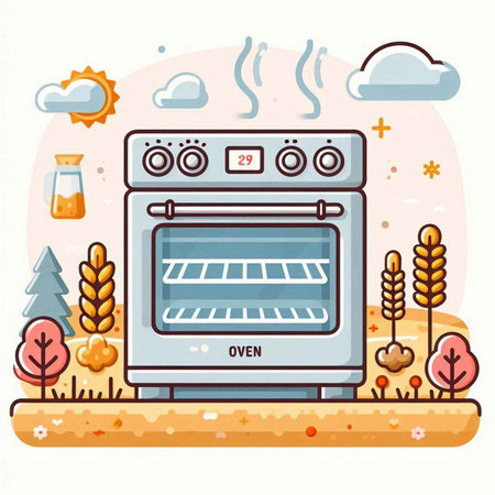 Illustration of a modern oven in a rural landscape. Vector illustrationのイラスト素材