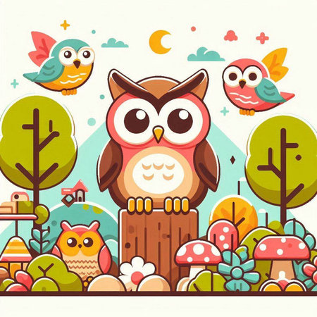 Cute colorful illustration with owls in the forest. Vector illustration.のイラスト素材