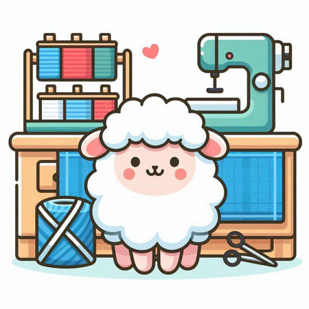 Sheep and sewing machine. Cute cartoon character. Vector illustration.のイラスト素材