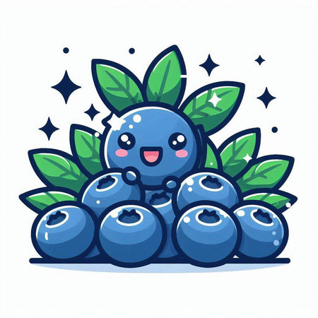 Cute cartoon blueberry character with green leaves. Vector illustration.のイラスト素材