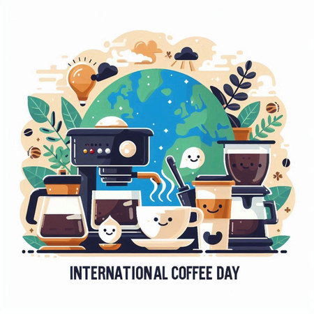 International coffee day banner. Flat design vector illustration. World coffee day concept.のイラスト素材