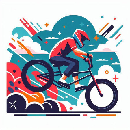 Cyclist riding a bike in the sky, vector illustration.のイラスト素材