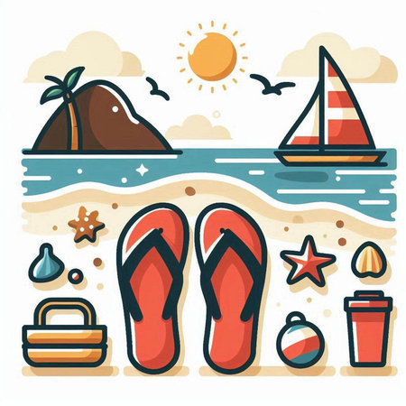 Vector illustration of summer beach vacation with flip flops, sandals, hat, sunglasses and other objects.のイラスト素材