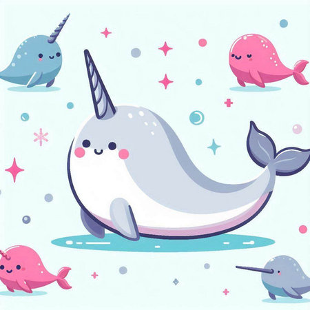 Cute cartoon narwhal and sea creatures. Vector illustration.のイラスト素材