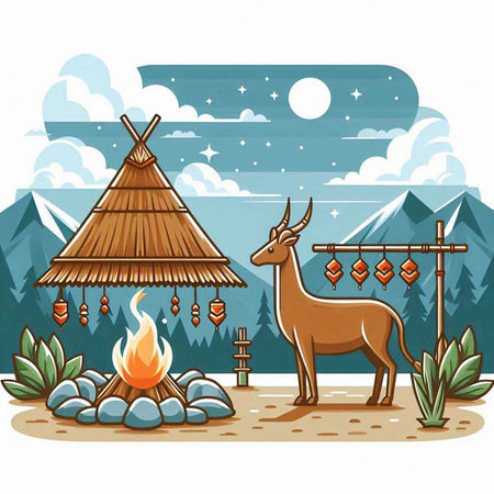 Illustration of a deer on the background of the mountain landscape.のイラスト素材