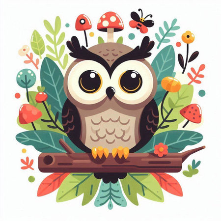 Cute cartoon owl with flowers, leaves and mushrooms. Vector illustration.のイラスト素材