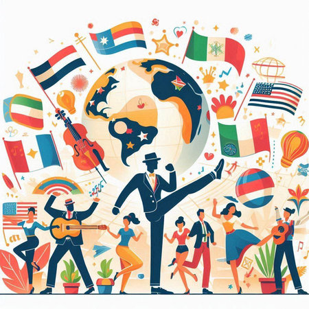 Vector illustration of people around the world. Flat design style. International music festival.のイラスト素材