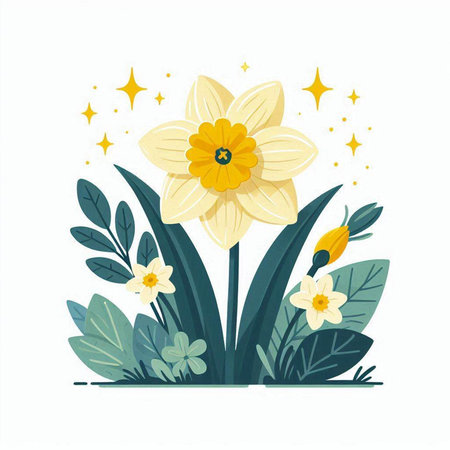 Beautiful daffodil flowers with leaves and stars. Vector illustration.のイラスト素材