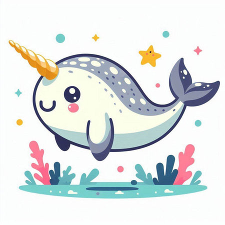 Cute cartoon narwhal with unicorn horn. Vector illustration.のイラスト素材