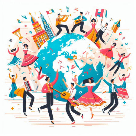 International Music Day. Group of young people dancing around the Earth. Vector illustrationのイラスト素材