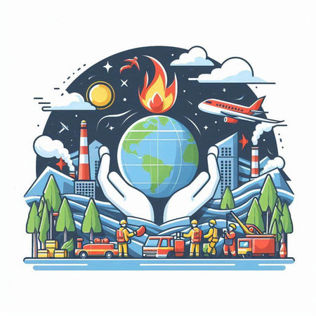 Hand holding Earth globe with global warming concept. Vector illustration in cartoon styleのイラスト素材