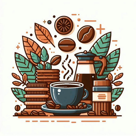 Coffee time concept. Vector illustration of a cup of coffee and coffee beans.のイラスト素材