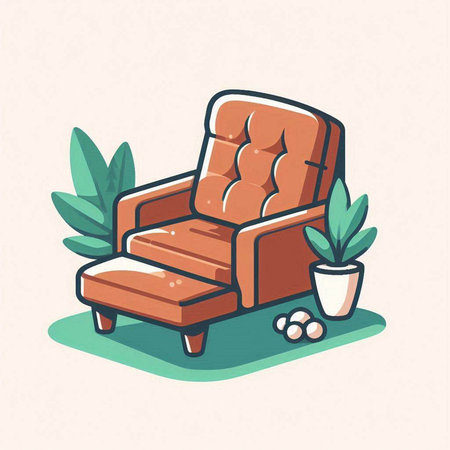 Comfortable armchair with pillows and plant in pot. Vector illustrationのイラスト素材