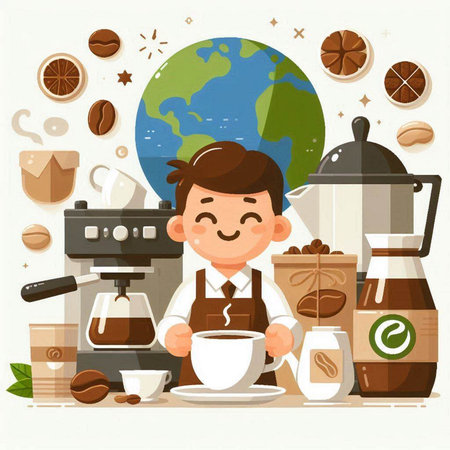 Coffee shop. Vector flat cartoon illustration of a male barista preparing coffee in a cafe.のイラスト素材