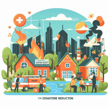 Flat vector illustration of emergency services, ambulance, fire department, first aid.のイラスト素材