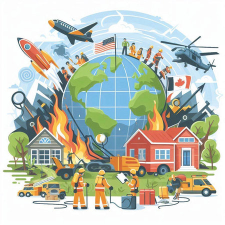 Flat vector illustration of fire brigade and emergency equipment on earth globe.のイラスト素材