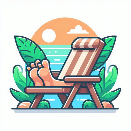 Beach chair with flip flops and palm leaf. Vector illustration.のイラスト素材