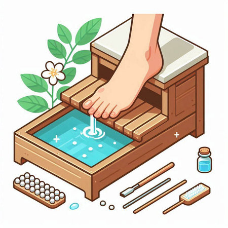 Spa salon isometric composition with wooden massage table and female hands vector illustrationのイラスト素材