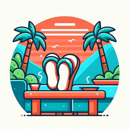 Vector illustration of a swimming pool with flip flops and palm treesのイラスト素材