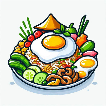 Fried rice with fried egg and vegetables on plate, vector illustrationのイラスト素材