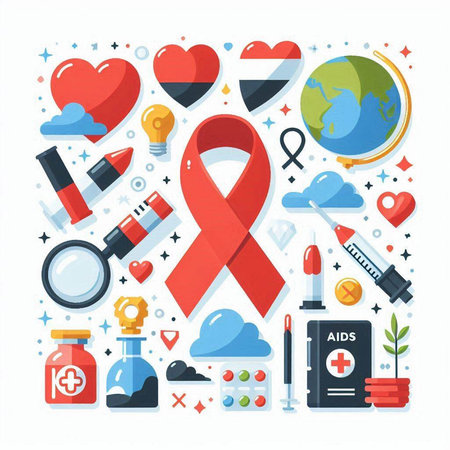 Vector illustration of World AIDS Day concept with red ribbon, icons and symbols.のイラスト素材