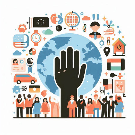 Hand of business people around the world. Vector illustration in flat styleのイラスト素材