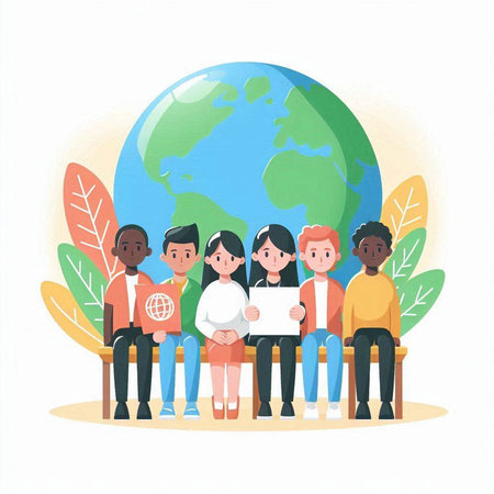 Group of people sitting on bench and holding paper. Vector illustration.のイラスト素材
