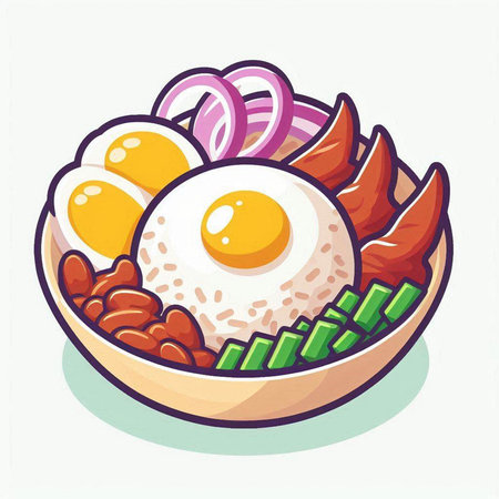 Illustration of a bowl of rice with fried eggs and vegetables.のイラスト素材