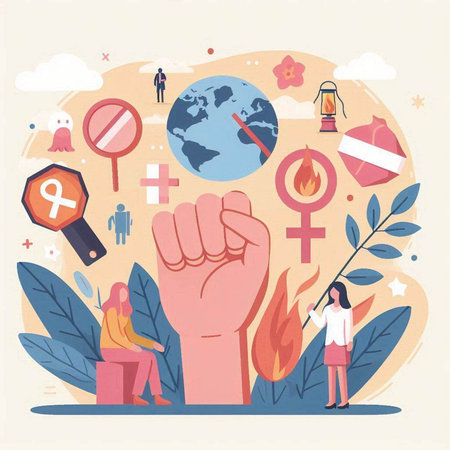 Flat design vector illustration concept of female rights, equality and freedom.のイラスト素材