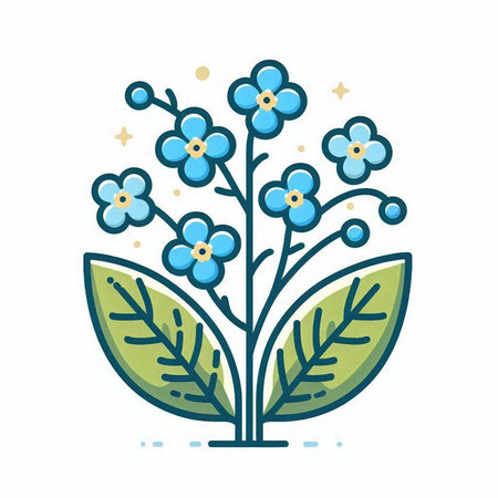 Blue flowers with green leaves and golden stars isolated on white background.のイラスト素材